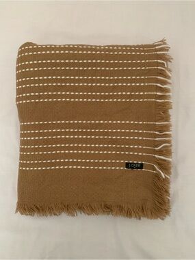 EUC J.Crew Camel Ivory Dotted Stripe Blanket Scarf Wrap Fringe Oversized